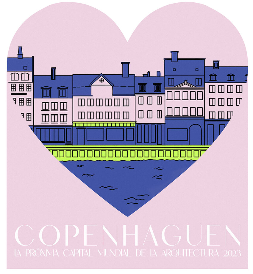 Promocional Copenhague con colores rosas, azul y verde