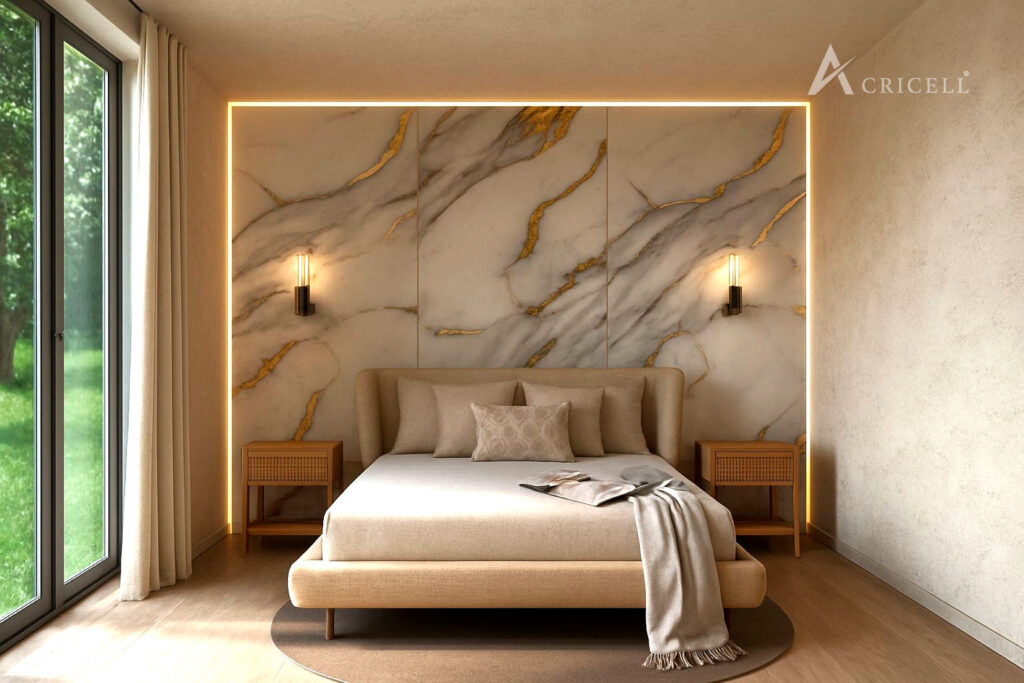 Panel de mármol PVC en pared de baño con acabado elegante y brillante