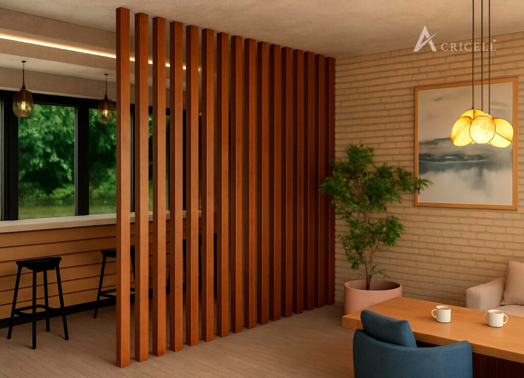 Viga decorativa WPC tipo madera instalada en techo de pasillo elegante